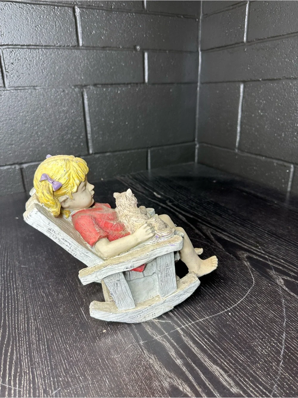 Vintage Resin Yard Art Sculpture- Girl with Cat Figurine - Yellow Skirt, Red Top